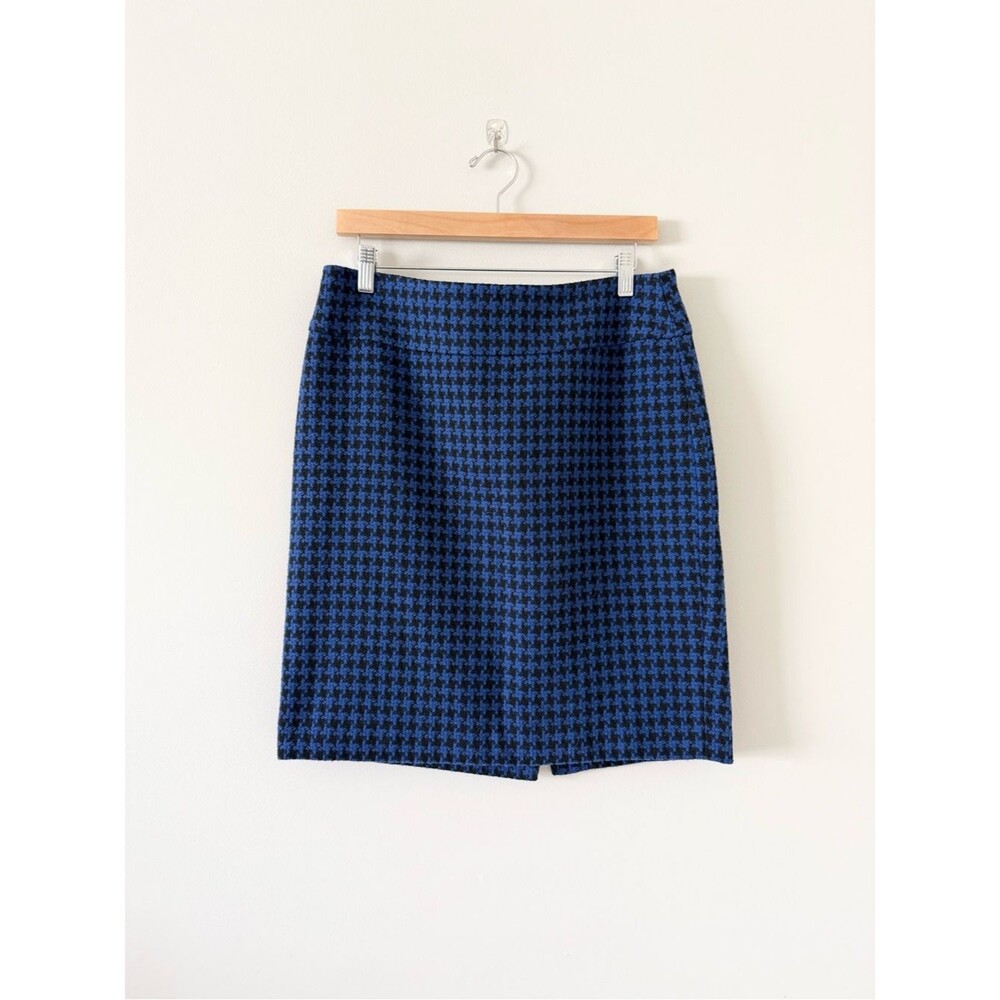 Ann Taylor Blue and Black Houndstooth Knit Wool Blend Pencil Skirt Size 8